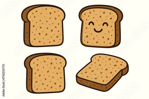 Fototapeta Cute cartoon bread slices with smiling face and various expressions