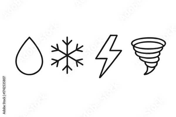 Fototapeta Minimalist weather icons: rain, snowflake, lightning, tornado symbol set