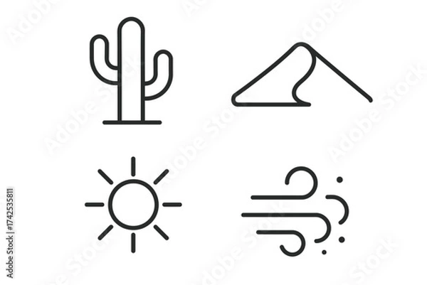 Fototapeta Desert icons featuring cactus, dune, sun, and wind in minimalist design