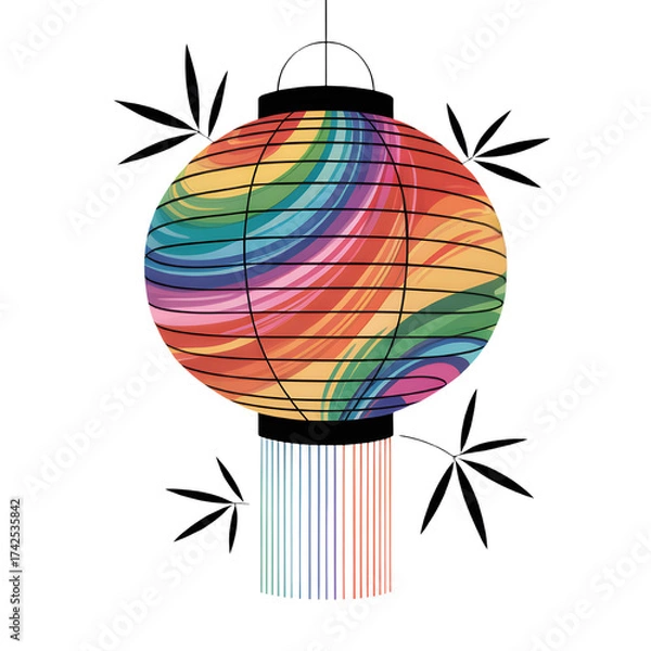 Fototapeta A vibrant rainbow paper lantern celebrating unity and joy surrounded by bamboo leaves against white
