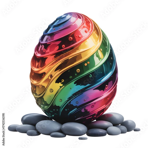 Fototapeta A shimmering rainbow Easter egg perched on smooth grey stones radiating festive joy and iridescent