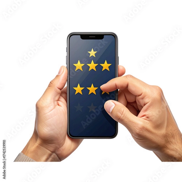 Fototapeta Customer satisfaction concept with phone and five stars, PNG cutout