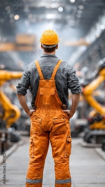 Fototapeta Factory worker surveys robot arm assembly line