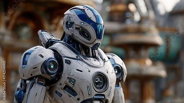 Fototapeta Futuristic robotic guardian stands watch
