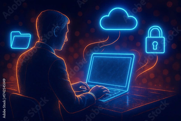 Fototapeta Man in suit working on laptop with glowing cloud, folder, and lock icons business computer
