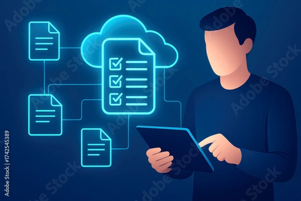 Fototapeta Man with tablet interacting with glowing cloud icon and digital documents computing data