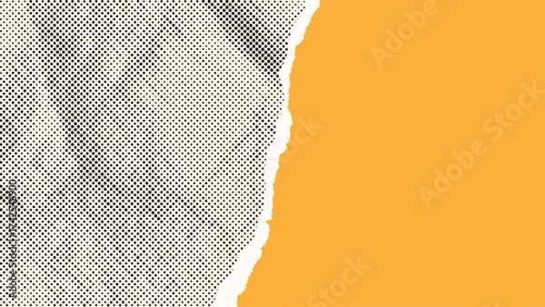 Fototapeta Background with part of comic halftone dotted crumpled paper. Empty torn page with uneven white edges. Yellow funny cool retro banner. Template for text box, layout, collage. Vector EPS10 1920, 1080