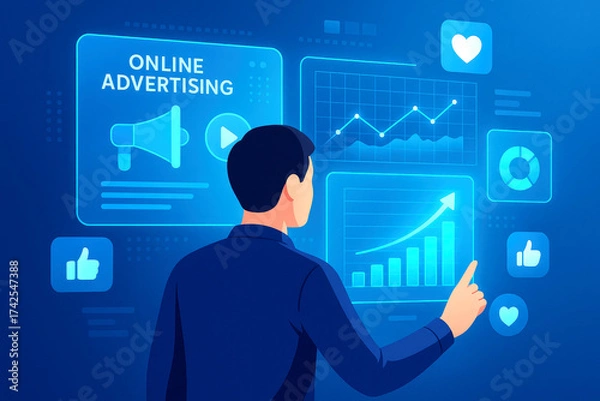 Fototapeta Person engaging with online advertising data and social media metrics on a digital screen digital marketing