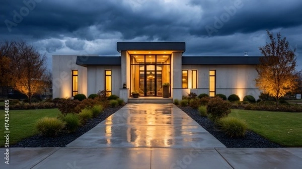 Fototapeta Modern home illuminated under storm clouds
