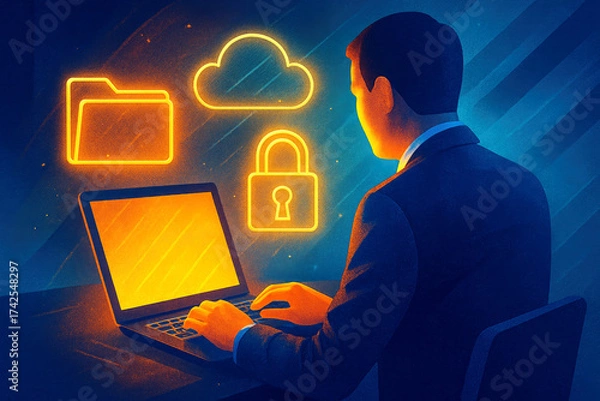 Fototapeta Person in suit at laptop with glowing orange icons for cloud, folder, and lock business computer