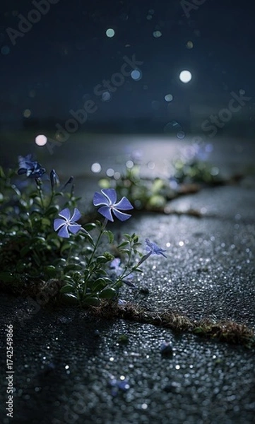 Fototapeta Close up view of blue flowers on a dark textured surface with bokeh lights