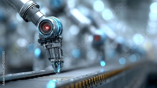 Fototapeta Robotic arms perform assembly on conveyor belt