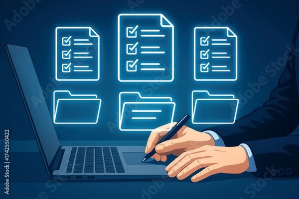Fototapeta Person using stylus on laptop with glowing digital documents and folders in dark blue background data