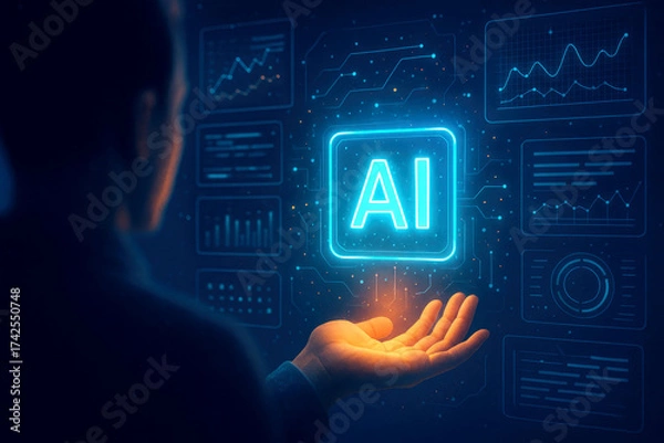 Fototapeta Person's Hand Reaching Towards Glowing AI Symbol Surrounded by Data Visualizations artificial intelligence