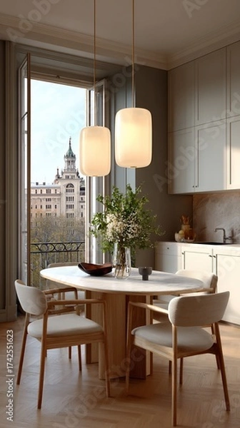 Fototapeta Serene dining space with charming exterior view