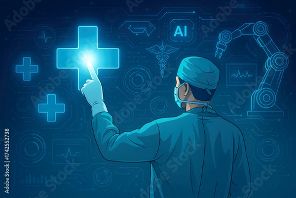 Fototapeta Surgeon Interacting with Futuristic Medical Technology Interface with AI and Robot Arm doctor healthcare