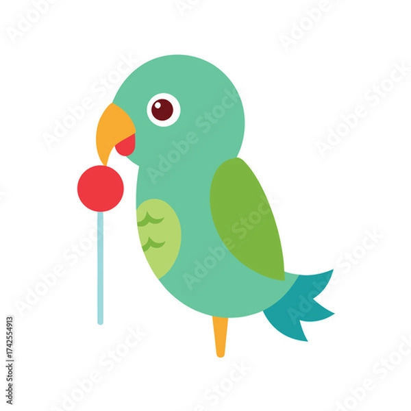Fototapeta Cartoon green parrot holding a red lollipop on white background Keywords: parrot, bird, cartoon