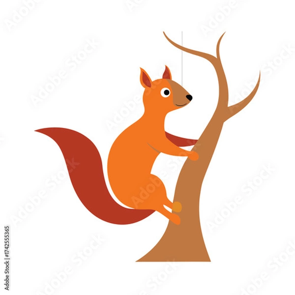 Fototapeta Cartoon squirrel climbing a tree branch Keywords: squirrel, cartoon, tree, climbing, branch