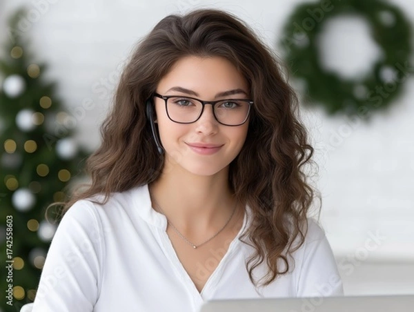 Fototapeta Young woman with curly hair and glasses is smiling while working on a laptop in a cozy home office decorated for the holidays, showcasing a warm and inviting atmosphere