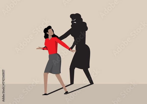 Fototapeta A woman is physically pushing against a dark, menacing shadow figure