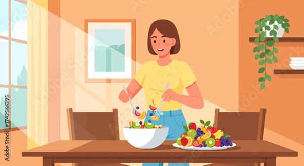 Fototapeta Young Woman Preparing Fresh Fruit Salad At Home Healthy Eating