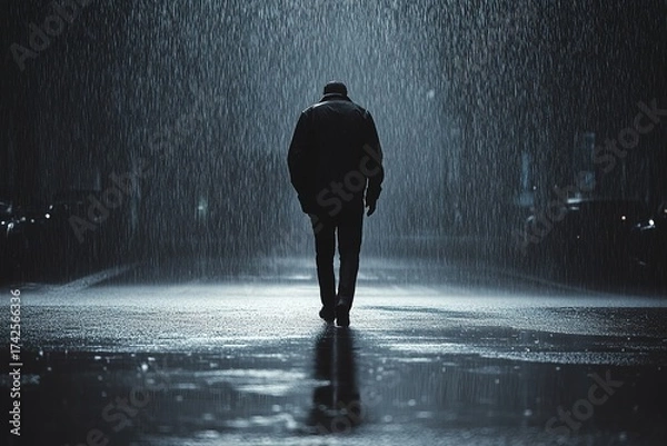 Fototapeta sadness as a lone figure walking through pouring rain