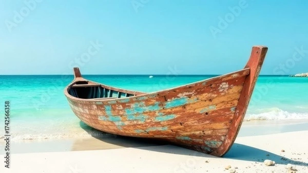 Fototapeta An old wooden boat on the white sand near the shore of the turquoise sea in clear cloudless sunny weather