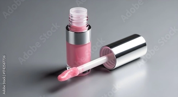 Fototapeta A lip gloss tube with applicator pulled out, photographed on a matte gray surface.