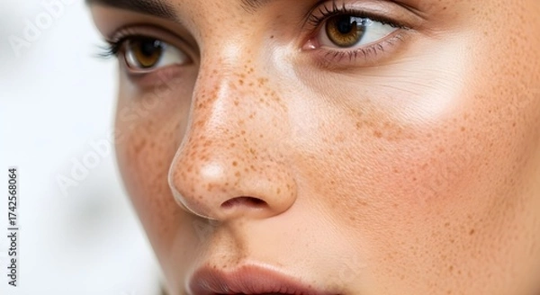 Fototapeta A close-up of freckles and natural makeup base, photographed against a soft white background.