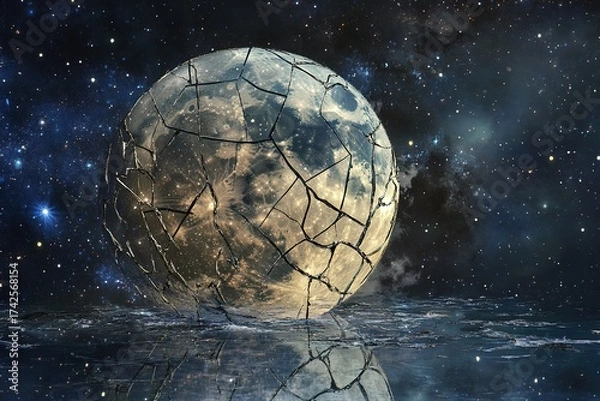 Fototapeta surreal dreams of a moon made of cracked glass reflecting galaxies