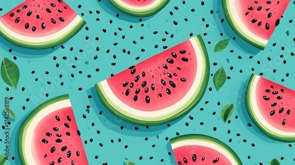 Obraz Watermelon slices pattern on teal background.