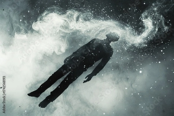 Fototapeta surreal dreams of a person dissolving into swirling smoke and stars