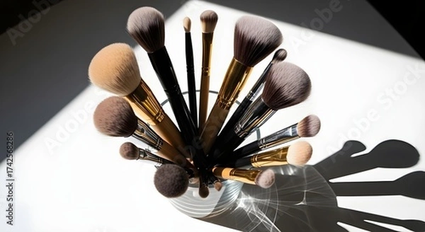 Fototapeta A row of makeup brushes in a glass cup, photographed on a clean white surface with cinematic lighting.