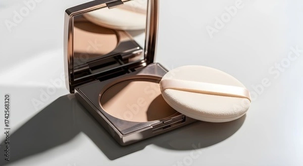 Fototapeta A compact powder foundation opened on a clean surface, realistic textures, soft studio shadows, high-end camera capture.