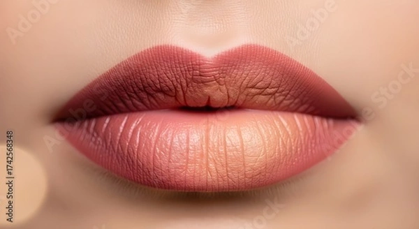 Fototapeta A model’s lips with ombre lipstick effect, macro close-up, natural skin textures, and soft glowing background.