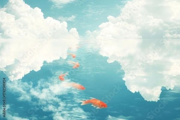 Fototapeta surreal dreams of a river flowing through the sky with fish swimming