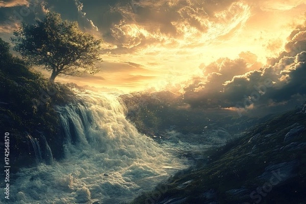 Fototapeta surreal dreams of a river flowing upwards into the sky