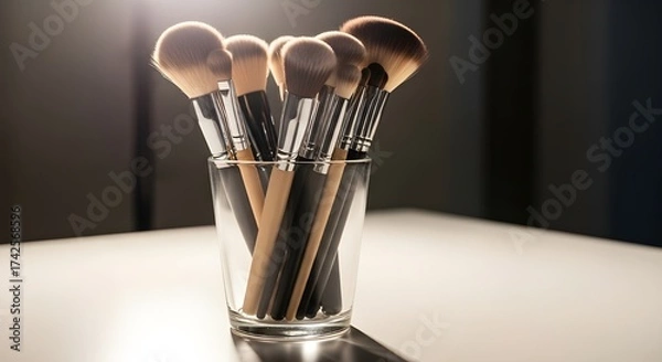 Fototapeta A row of makeup brushes in a glass cup, photographed on a clean white surface with cinematic lighting.
