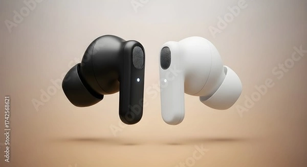Fototapeta Wireless earbuds floating in midair against a soft neutral background, photographed with macro detail and professional studio lighting.