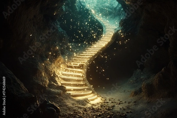 Fototapeta surreal dreams of a spiral staircase made of light in a dark void