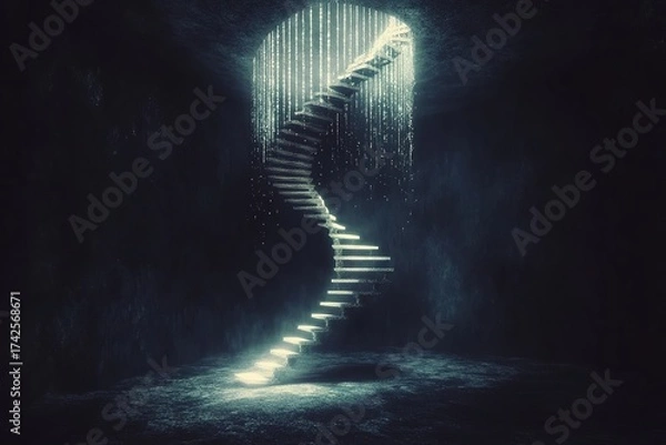 Fototapeta surreal dreams of a spiral staircase made of light in a dark void