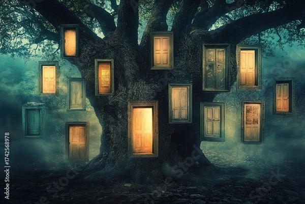 Fototapeta surreal dreams of a tree with doors opening to different dimensions