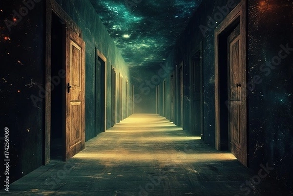 Fototapeta surreal dreams of an endless hallway lined with doors to other worlds