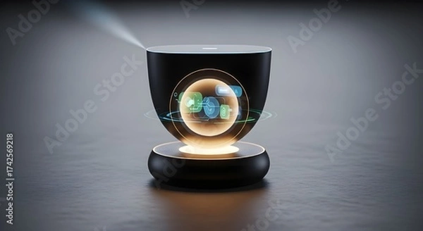 Fototapeta A futuristic smart home hub device glowing softly, captured with cinematic light on a neutral surface.