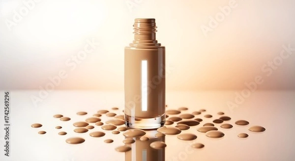 Fototapeta A bottle of liquid foundation with droplets around it, photographed with perfect clarity and glowing studio lights.