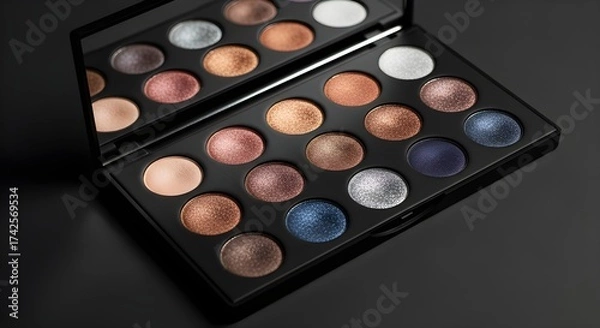 Fototapeta A metallic eyeshadow palette photographed with sharp detail, placed on a matte black surface.
