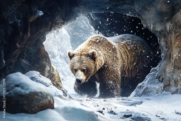 Fototapeta ancient cave bear emerging from a snowy cave