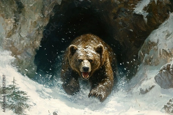 Fototapeta ancient cave bear emerging from a snowy cave