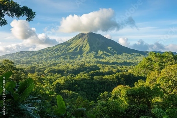Fototapeta ancient volcanic mountain surrounded by lush jungle
