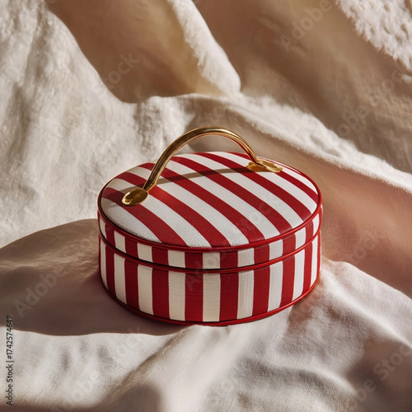 Fototapeta Stylish Stripes: A classic round box with a bold red and white striped pattern, exuding a sense of sophistication. Captured on a soft, textured surface, the box's metallic handle gleams in the light.